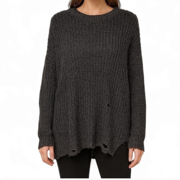 Arizona Juniors Womens Distressed Crew Neck Long Sleeve Pullover Sweater - Picture 1 of 5